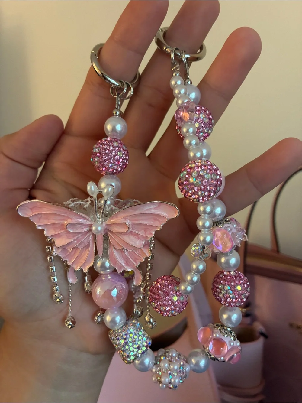 Pink/ Silver Butterfly Beaded Keychain Bag Chain - Picture 2 of 2
